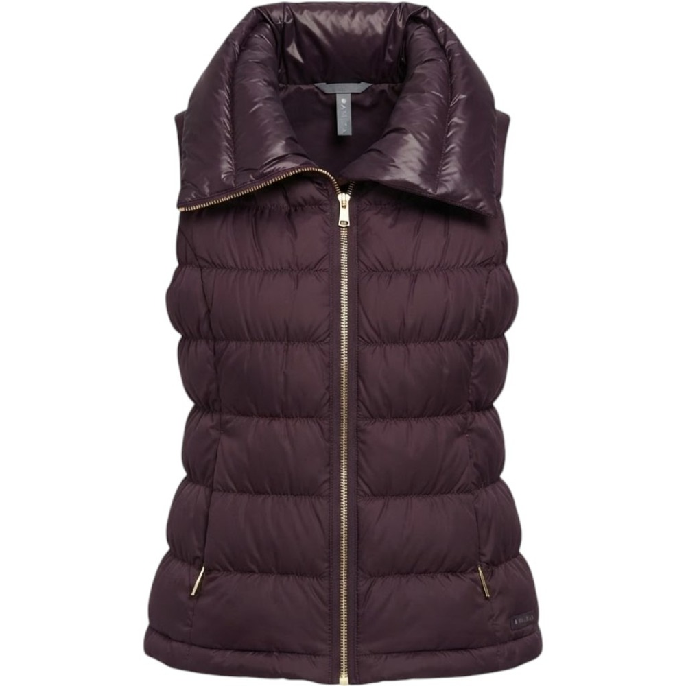Athleta Womens Medium Plum Purple Goose Down Puffer Vest Gold Zip Shawl Collar